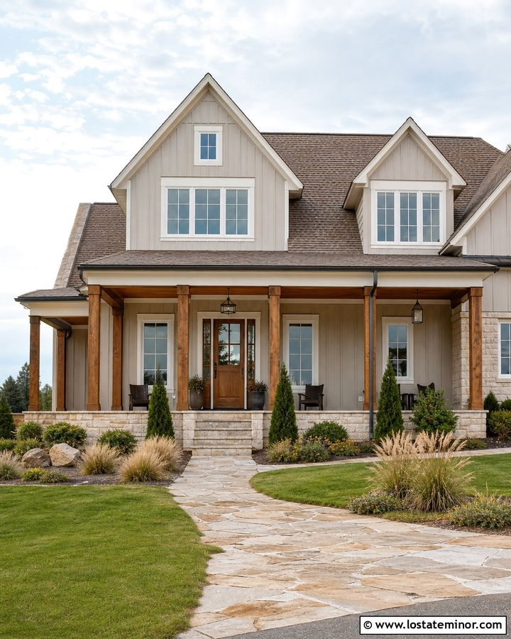Warm Greige House With Stained Wood Columns - 30 Greige House Design With Porch Columns Ideas