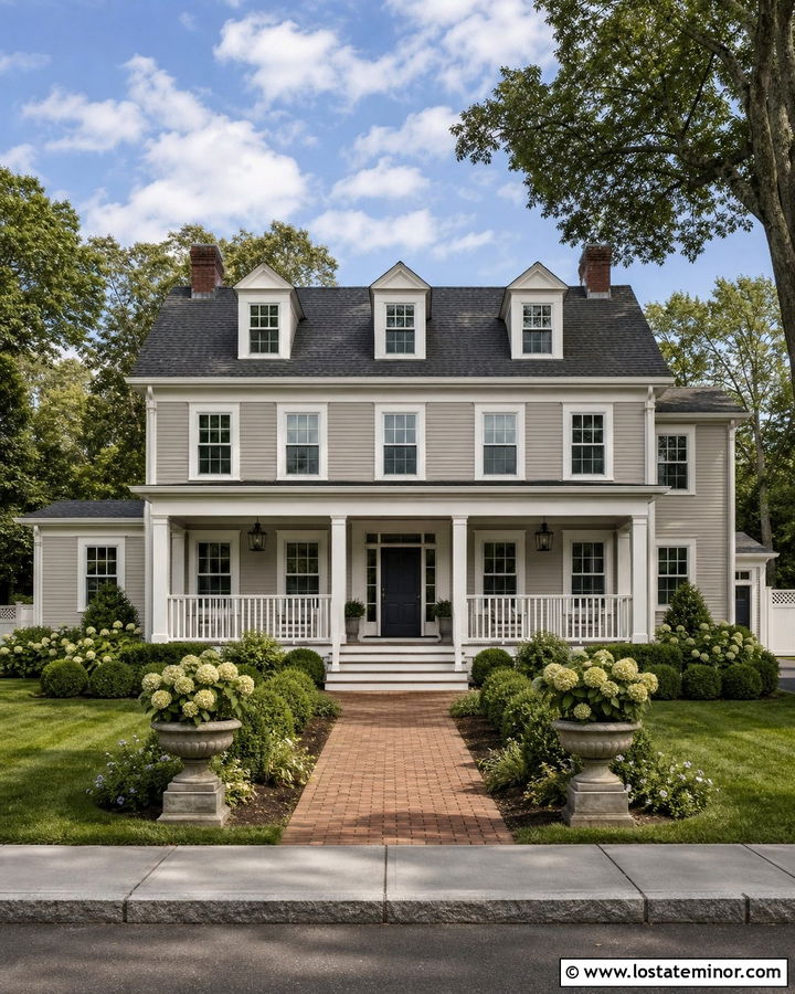 Warm Greige House With White Railings - 30 Greige House Design With Railings Ideas