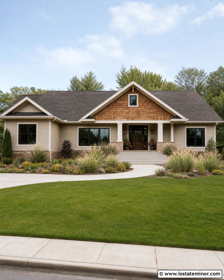 Warm Greige Ranch House With Cedar Shake Entry - 30 Greige House Design With Cedar Shake Ideas