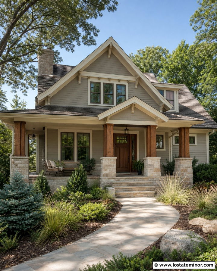 Warm Greige Siding With Natural Stone - 30 Greige House Design With Siding Ideas