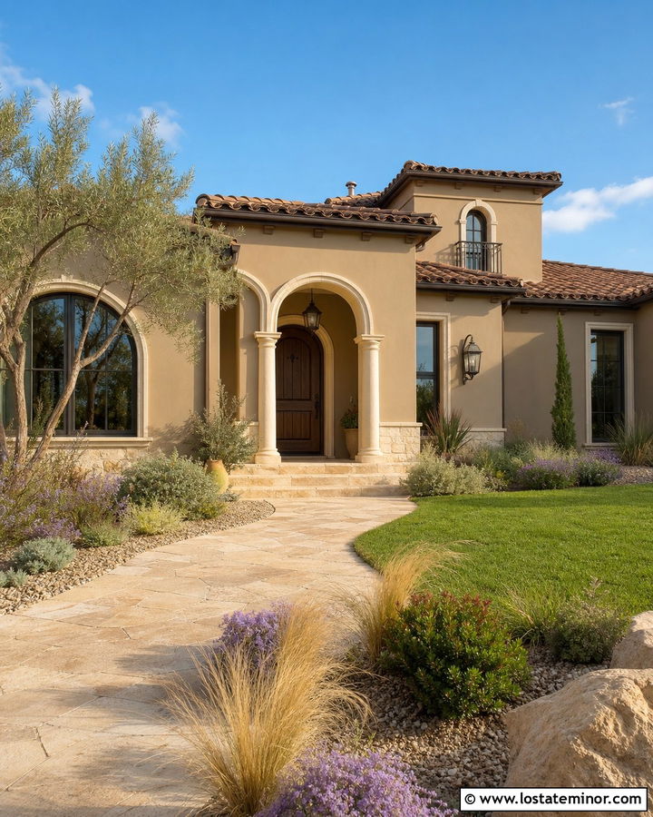 Warm Stone Stucco House With Arched Porch Columns - 30 Taupe House Design With Porch Columns Ideas