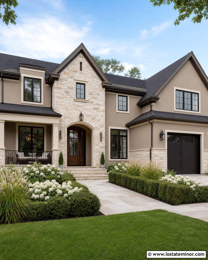 Warm Stone Transitional House With Black Accents - 30 Beige House Design With Stone Accents Ideas