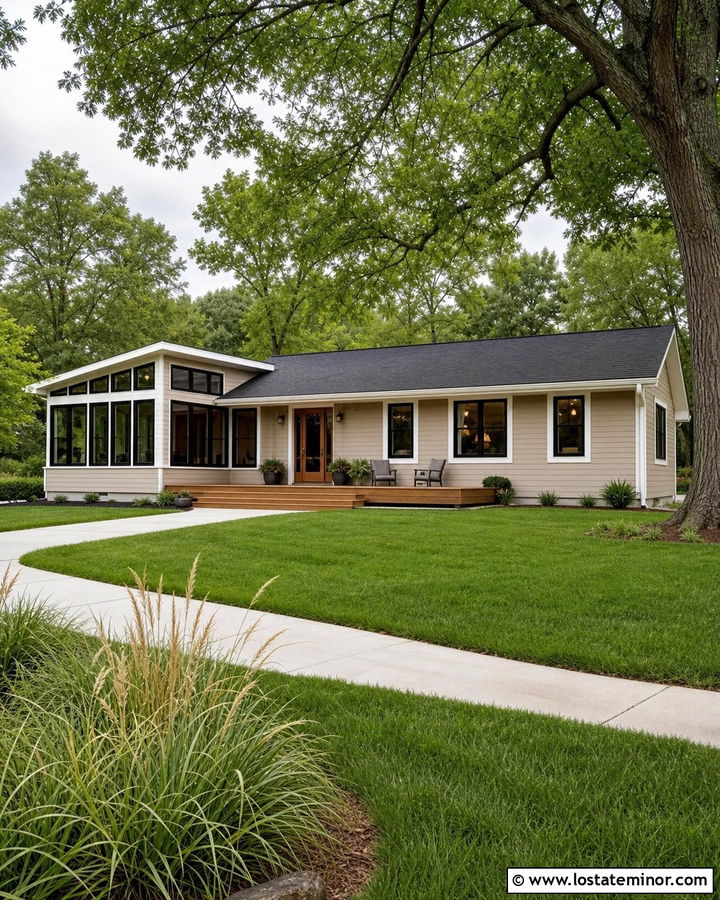 Warm Tan Ranch House With Shed Roof Sunroom - 30 Tan House Design With Sunroom Ideas