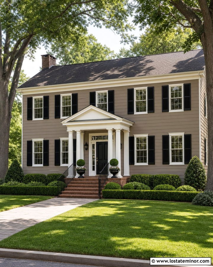 Warm Taupe Colonial With Columned Portico - 30 Taupe House Design With Portico Ideas