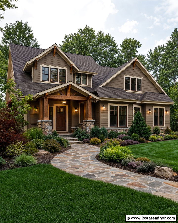 Warm Taupe Craftsman With Bronze Lanterns - 30 Taupe House Design With Lighting Ideas