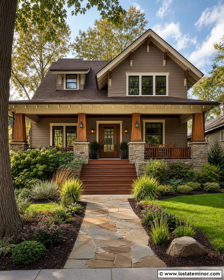 Warm Taupe Craftsman With Cedar Porch - 30 Taupe House Design With Front Porch Ideas