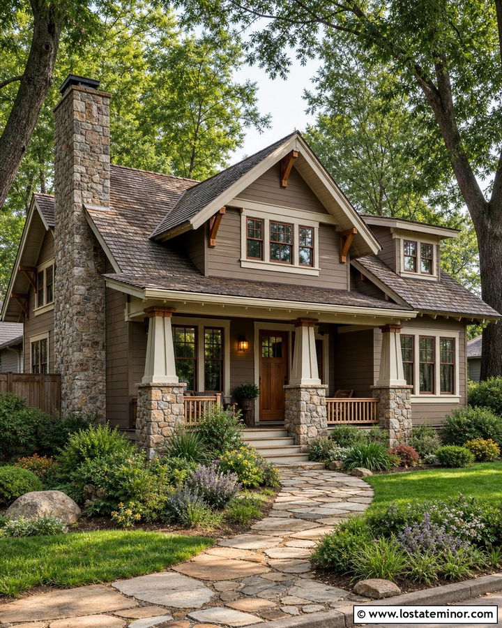 Warm Taupe Craftsman With Fieldstone - 30 Taupe House Design With Stone Accents Ideas