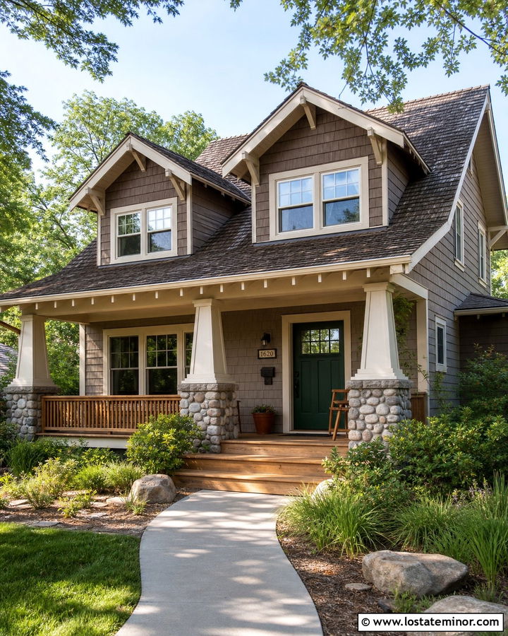 Warm Taupe Craftsman With Shingle Dormers - 30 Taupe House Design With Dormers Ideas