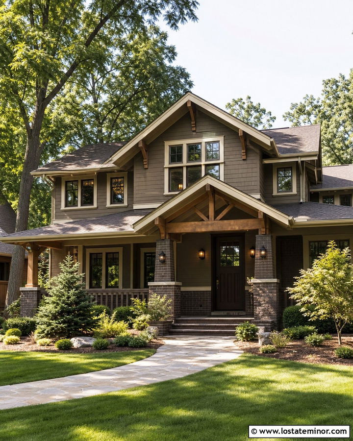 Warm Taupe House With Brown Brick - 30 Taupe House Design With Brick Accents Ideas