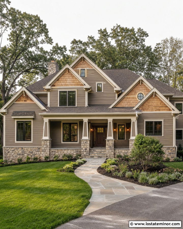 Warm Taupe House With Cedar Shake And Stone - 30 Taupe House Design With Cedar Shake Ideas