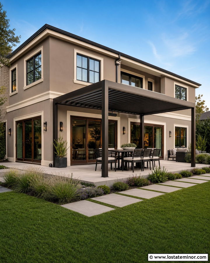 Warm Taupe House With Louvered Pergola - 30 Taupe House Design With Pergola Ideas