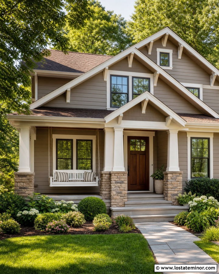 Warm Taupe House With White Porch Swing - 30 Taupe House Design With Swing Ideas