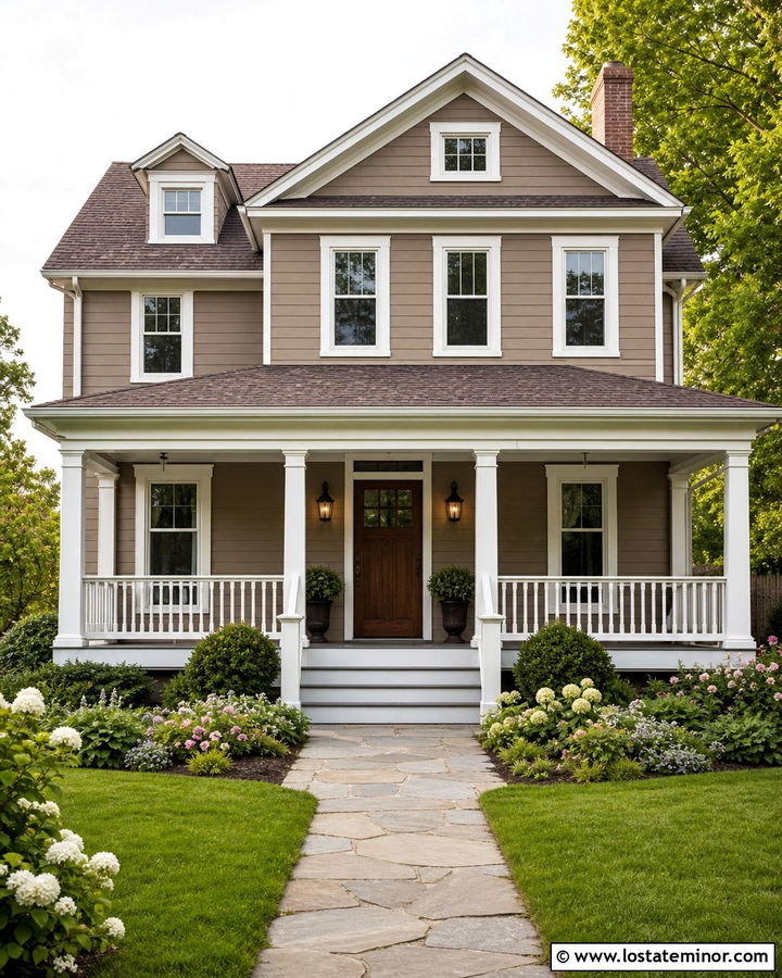 Warm Taupe House With White Railings - 30 Taupe House Design With Railings Ideas