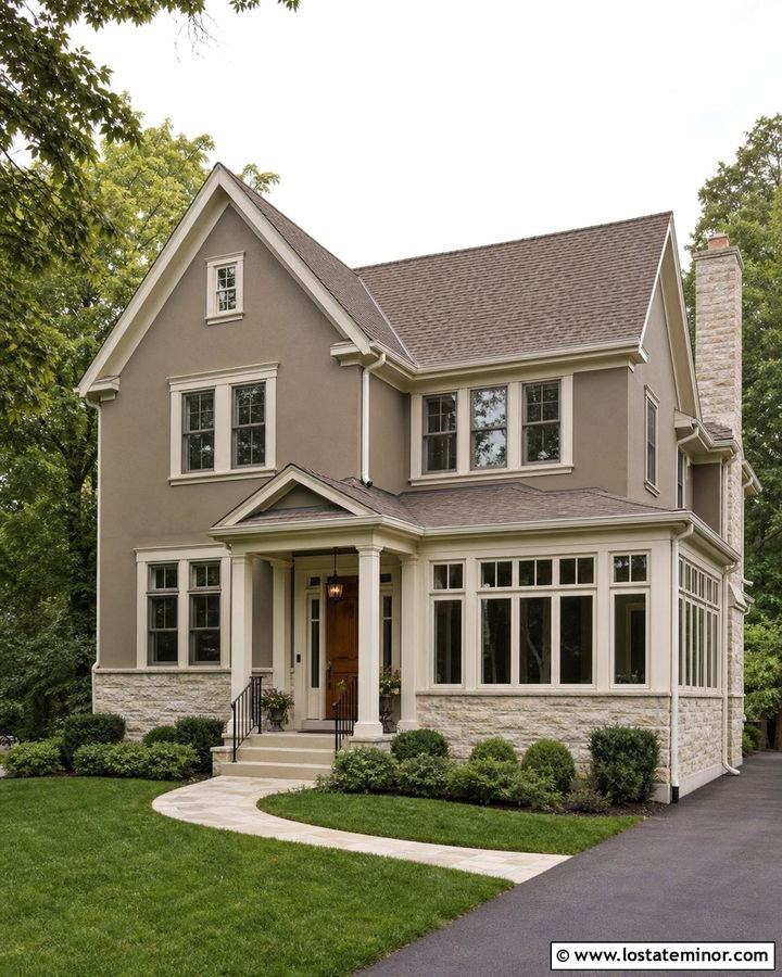 Warm Taupe House With White Sunroom - 30 Taupe House Design With Sunroom Ideas