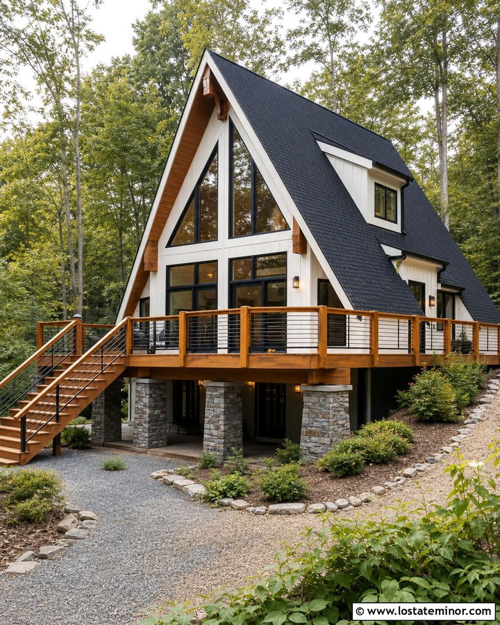 Warm White A Frame House With Elevated Deck - 30 Warm White House Design With Deck Ideas