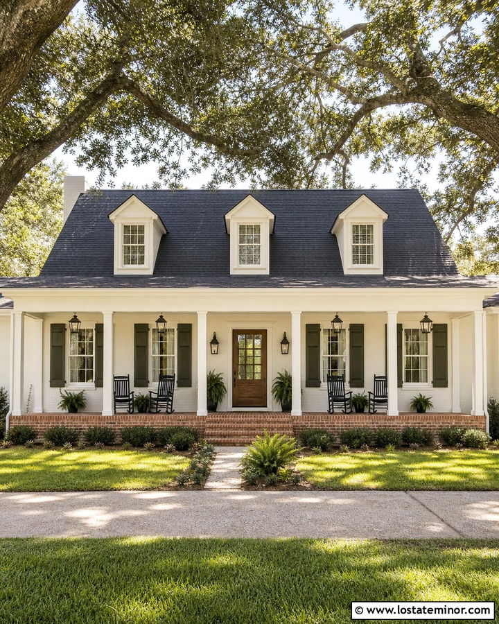 Warm White Acadian House With Full Porch Columns - 30 Warm White House Design With Porch Columns Ideas