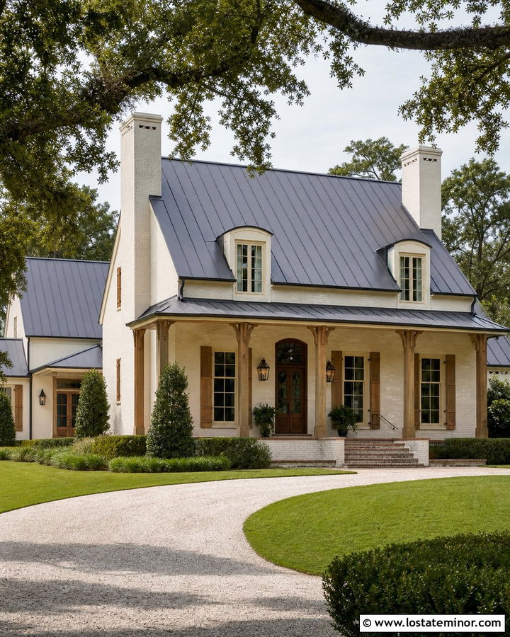 Warm White Acadian House With White Brick Chimney - 30 Warm White House Design With Chimney Ideas