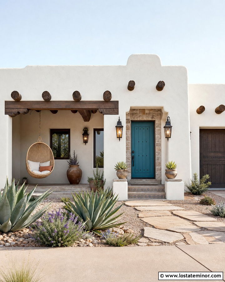 Warm White Adobe House With Woven Swing - 30 Warm White House Design With Swing Ideas