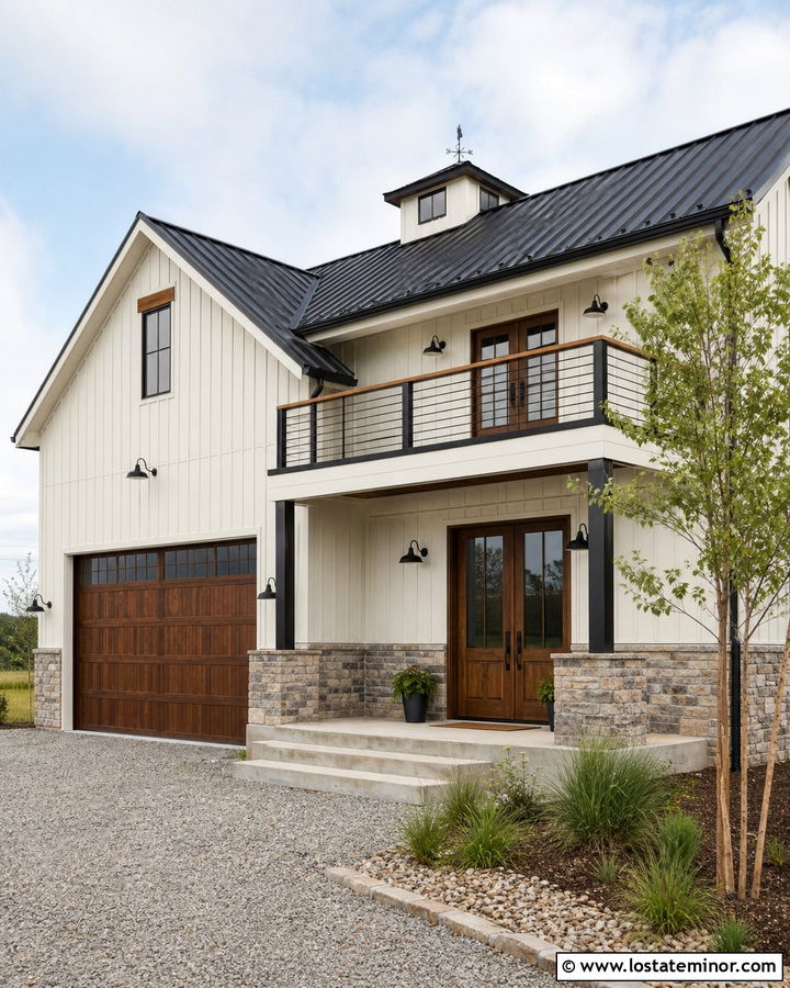 Warm White Barndominium With Black Cable Railings - 30 Warm White House Design With Railings Ideas