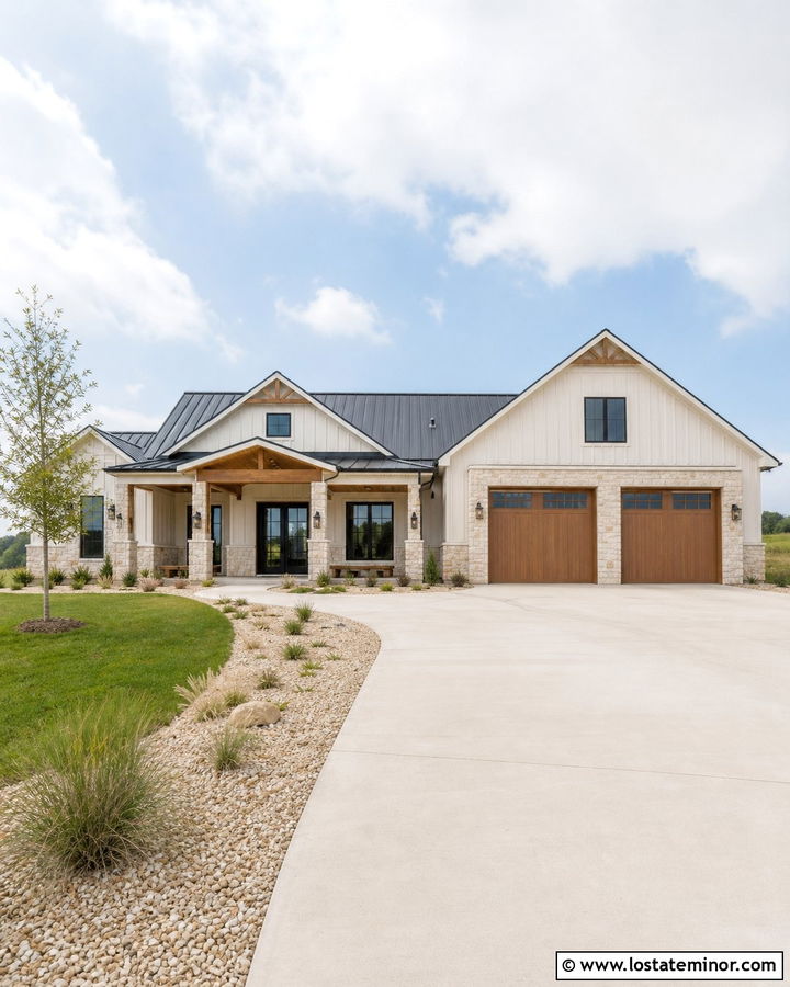 Warm White Barndominium With Stone Base - 30 Warm White House Design With Stone Accents Ideas