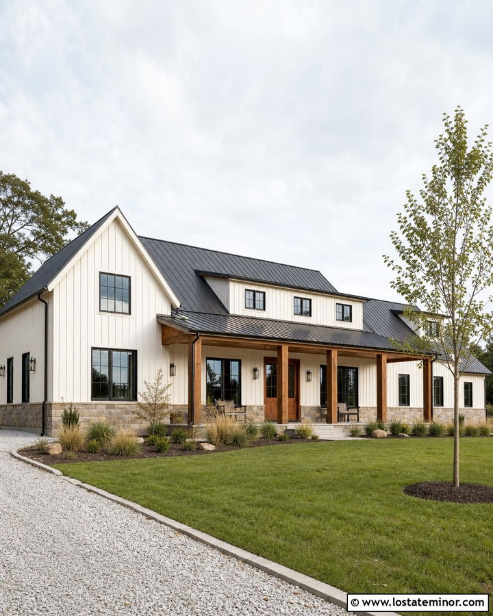 Warm White Barndominium With Timber Porch Columns - 30 Warm White House Design With Porch Columns Ideas