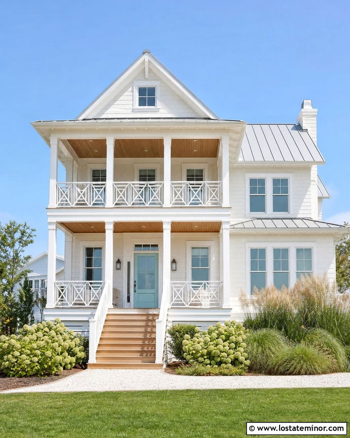 Warm White Beach House With White Cross Railings - 30 Warm White House Design With Railings Ideas