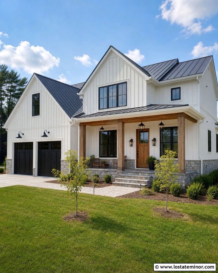 Warm White Board And Batten House With Barn Lights - 30 Warm White House Design With Light Fixtures Ideas