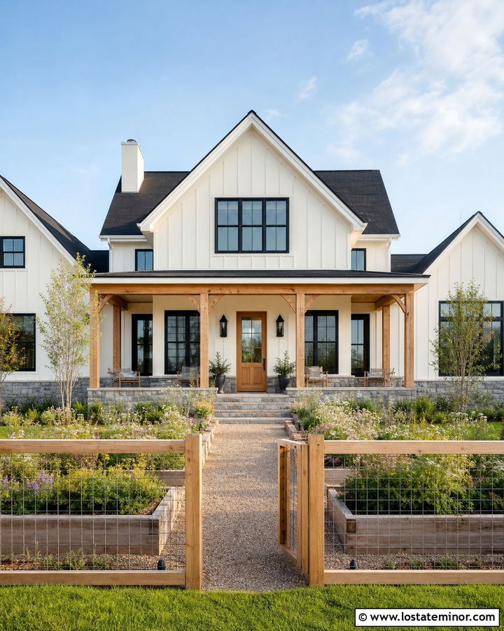 Warm White Board And Batten House With Hog Wire Fence - 30 Warm White House Design With Fence Ideas