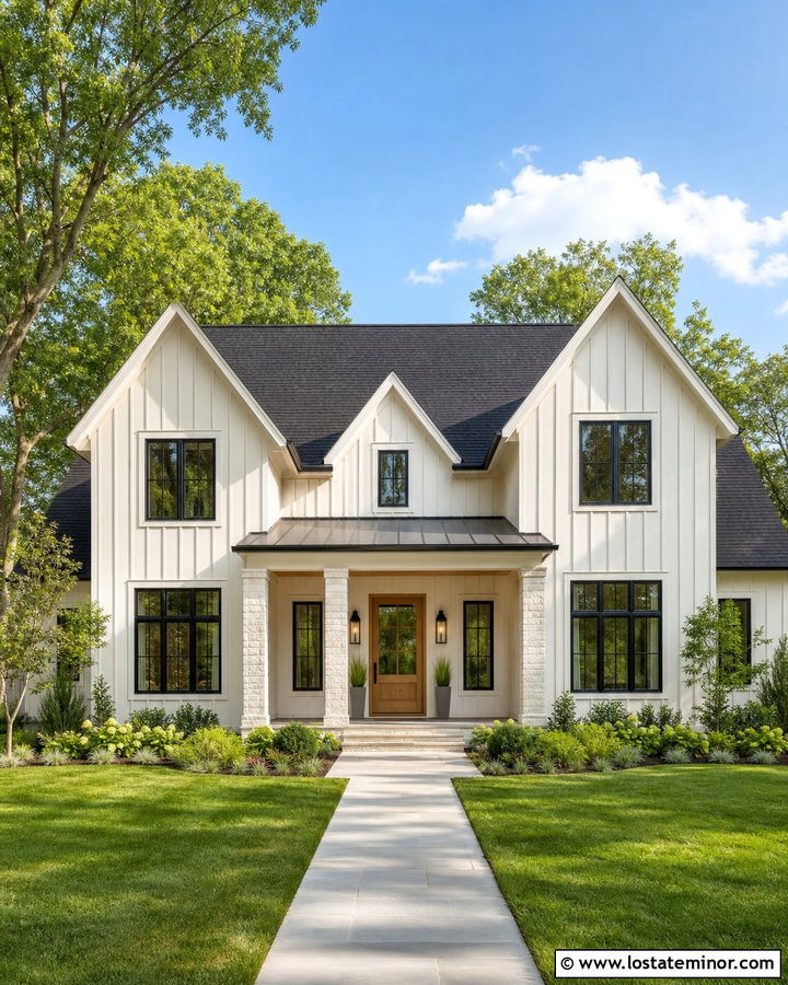 Warm White Board And Batten With Wood Door - 30 Warm White House Design With Siding Ideas