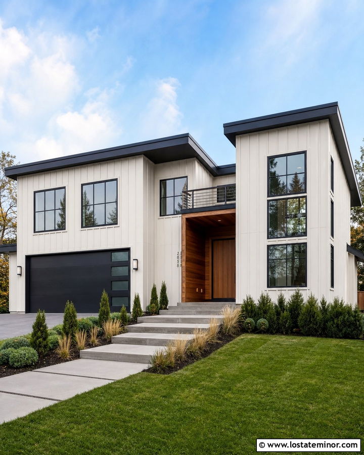 Warm White Board and Batten Modern House - 30 Warm White House Design With Board and Batten Ideas