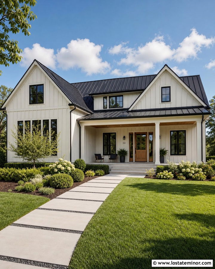 Warm White Board and Batten With Black Roof - 30 Warm White House Design With Board and Batten Ideas