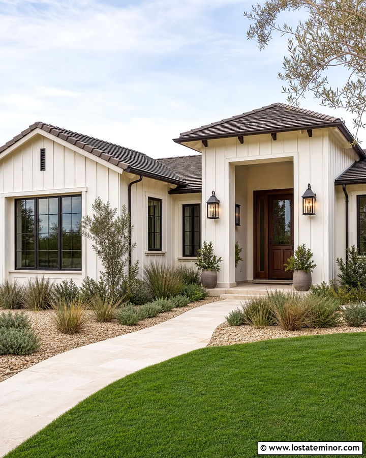 Warm White Board and Batten With Bronze Windows - 30 Warm White House Design With Board and Batten Ideas