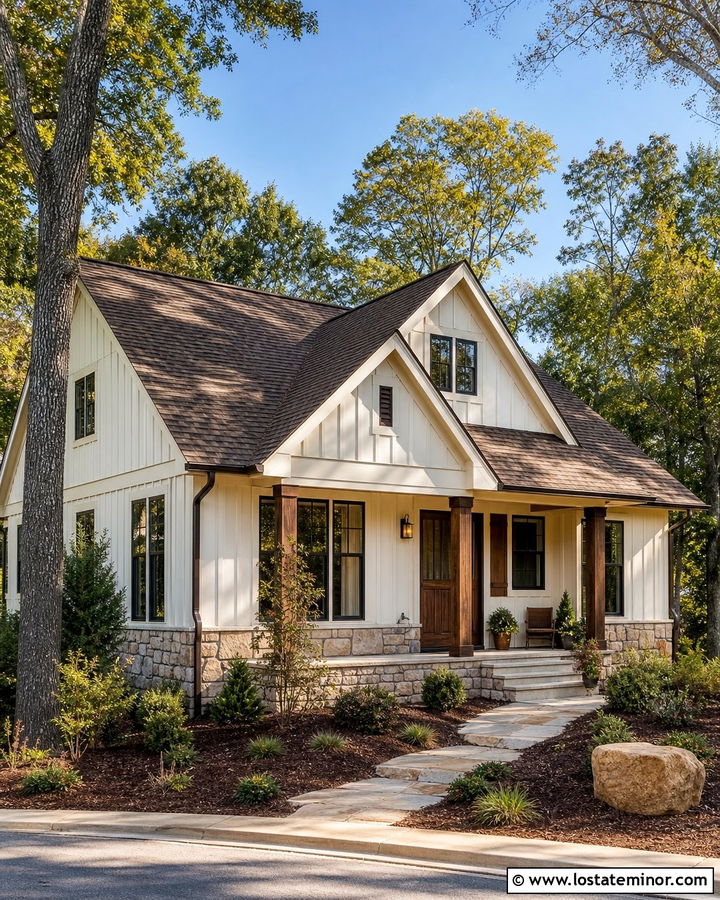 Warm White Board and Batten With Brown Roof - 30 Warm White House Design With Board and Batten Ideas