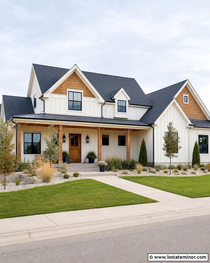 Warm White Board and Batten With Cedar Gables - 30 Warm White House Design With Board and Batten Ideas