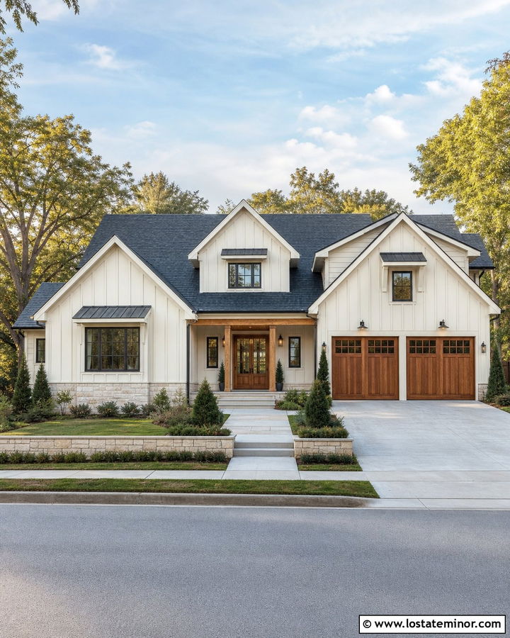 Warm White Board and Batten With Cedar Garage Doors - 30 Warm White House Design With Board and Batten Ideas