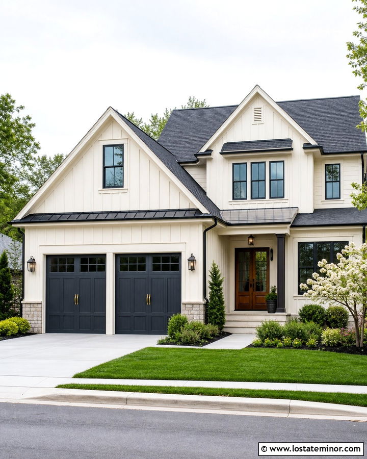 Warm White Board and Batten With Charcoal Garage Doors - 30 Warm White House Design With Board and Batten Ideas