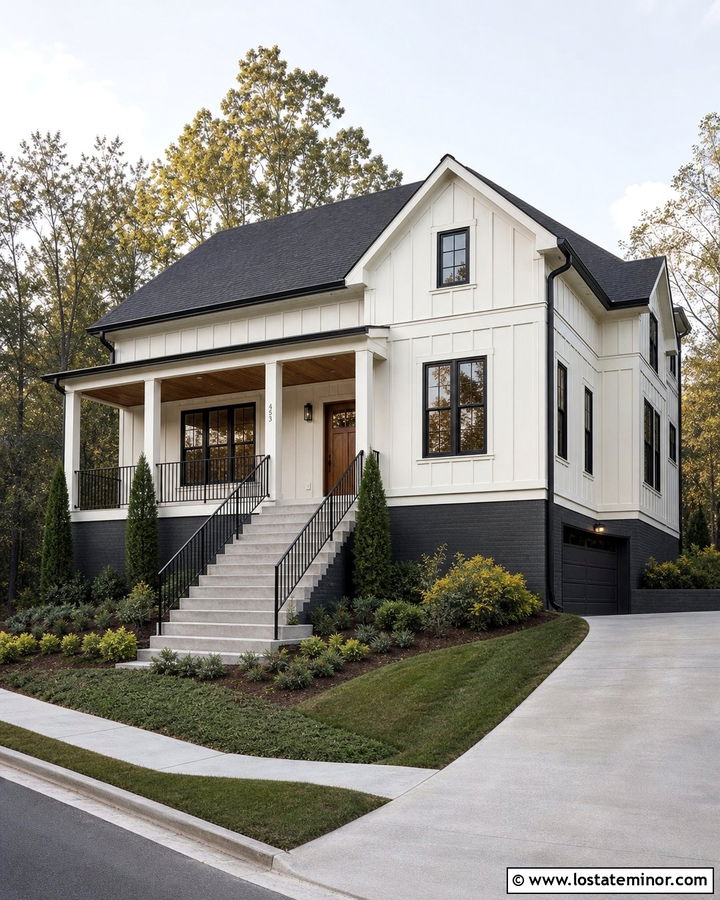 Warm White Board and Batten With Dark Foundation - 30 Warm White House Design With Board and Batten Ideas