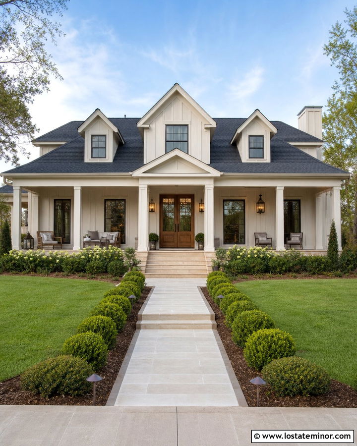 Warm White Board and Batten With Double Front Doors - 30 Warm White House Design With Board and Batten Ideas