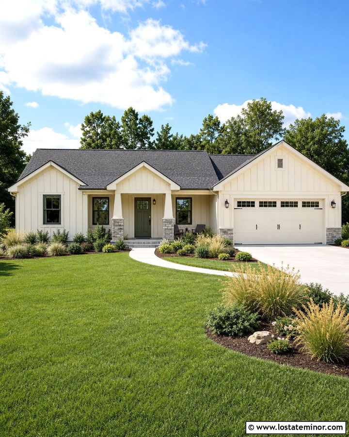 Warm White Board and Batten With Gray Shingle Roof - 30 Warm White House Design With Board and Batten Ideas