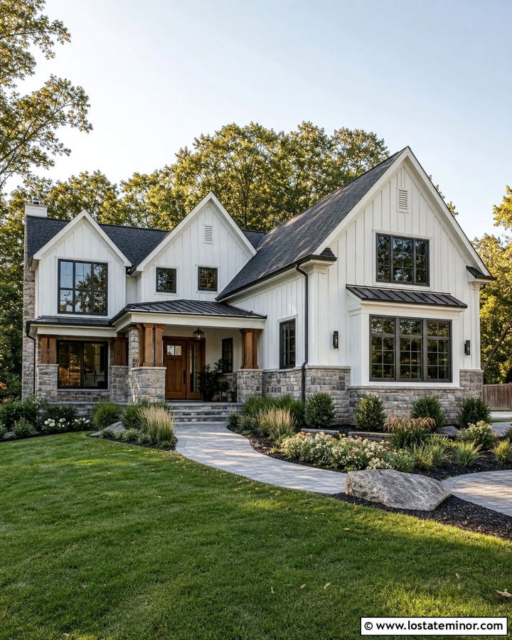 Warm White Board and Batten With Gray Stone - 30 Warm White House Design With Board and Batten Ideas