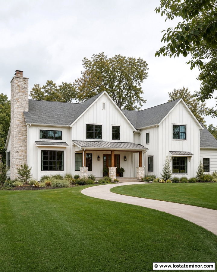 Warm White Board and Batten With Limestone Chimney - 30 Warm White House Design With Board and Batten Ideas