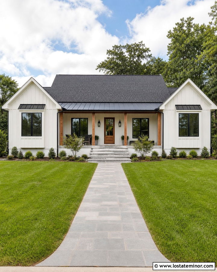 Warm White Board and Batten With Metal Porch Roof - 30 Warm White House Design With Board and Batten Ideas