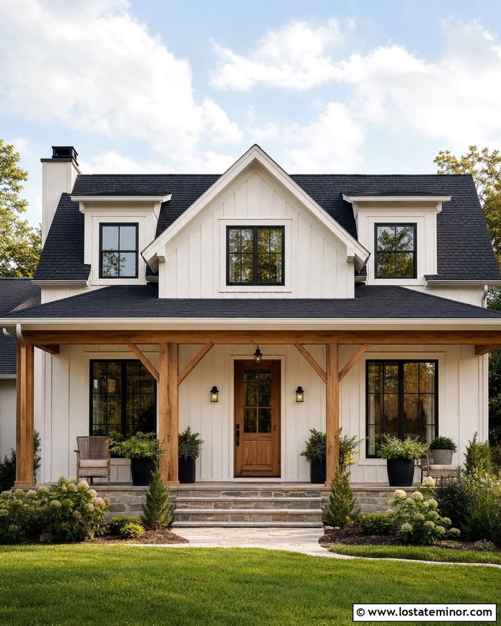 Warm White Board and Batten With Natural Wood Door - 30 Warm White House Design With Board and Batten Ideas