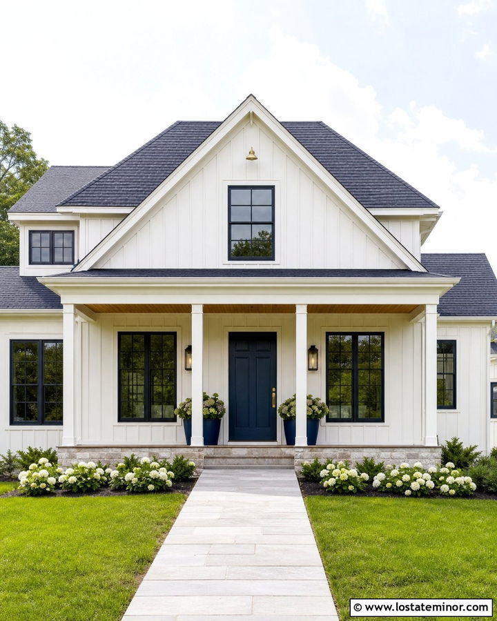 Warm White Board and Batten With Navy Front Door - 30 Warm White House Design With Board and Batten Ideas