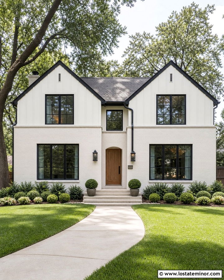 Warm White Board and Batten With Painted Brick - 30 Warm White House Design With Board and Batten Ideas