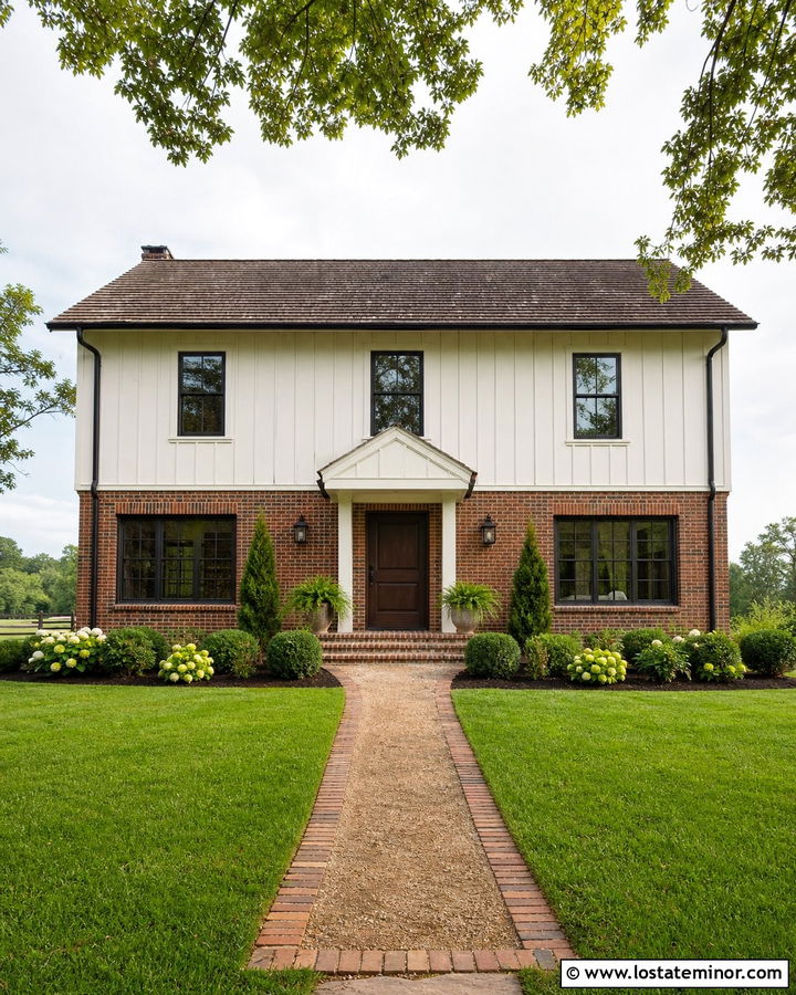 Warm White Board and Batten With Red Brick - 30 Warm White House Design With Board and Batten Ideas
