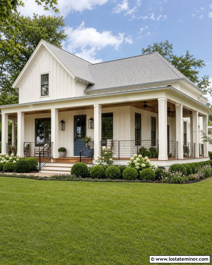 Warm White Board and Batten With Wraparound Porch - 30 Warm White House Design With Board and Batten Ideas