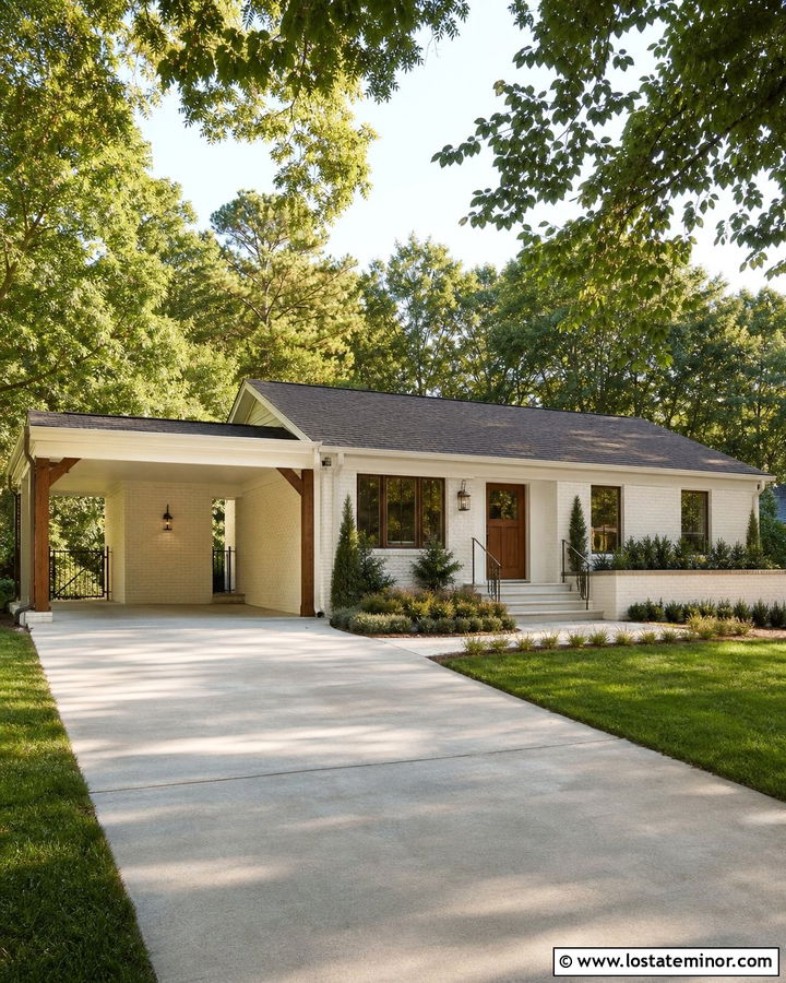 Warm White Brick House With Attached Carport - 30 Warm White House Design With Carport Ideas