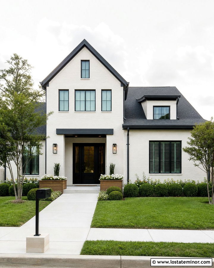 Warm White Brick House With Black Mailbox - 30 Warm White House Design With Mailbox Ideas