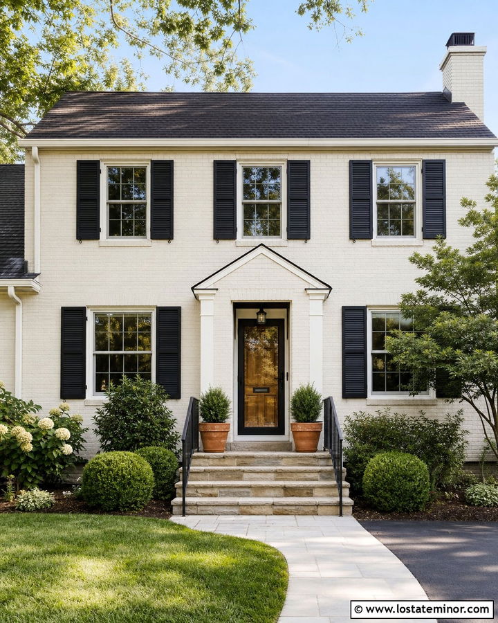 Warm White Brick House With Black Storm Door - 30 Warm White House Design With Storm Door Ideas